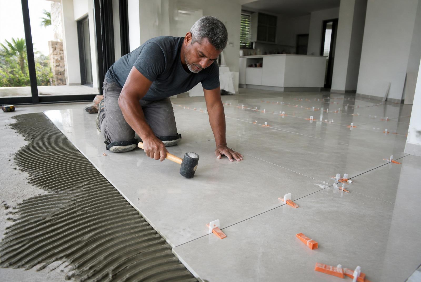 Pose de carrelage grand format dans une villa