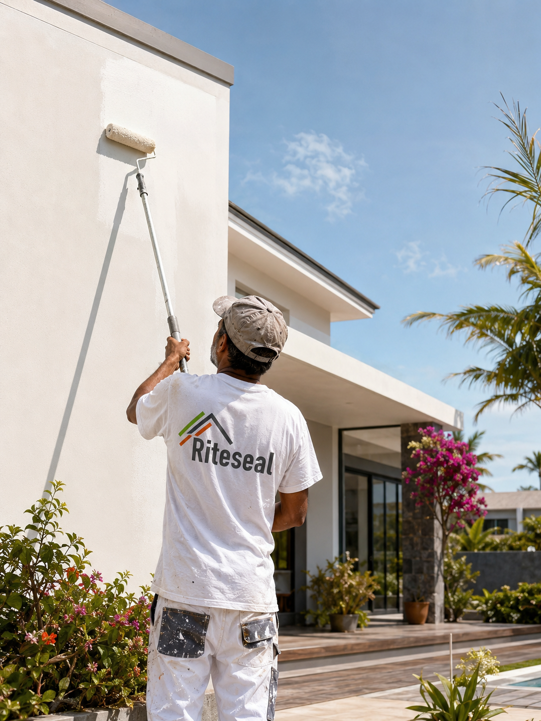 Peintre Riteseal appliquant une peinture de façade sur une villa à Maurice