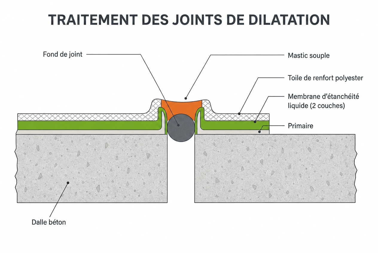 Schéma en coupe du traitement d'un joint de dilatation : dalle béton, fond de joint, mastic souple, toile de renfort et membrane d'étanchéité liquide