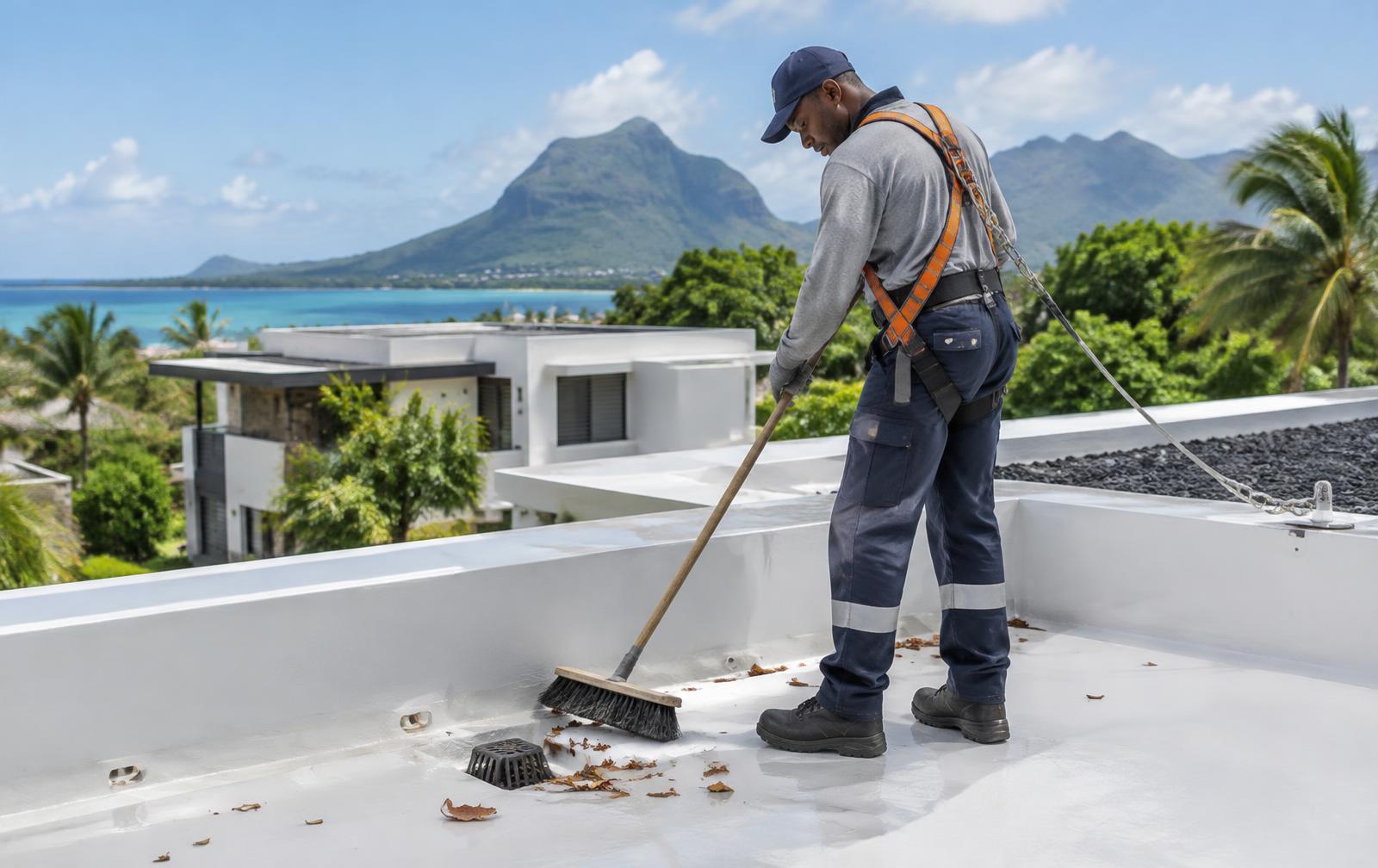 Technicien Riteseal nettoyant une toiture-terrasse étanchée et dégageant une évacuation d'eau pluviale à Maurice