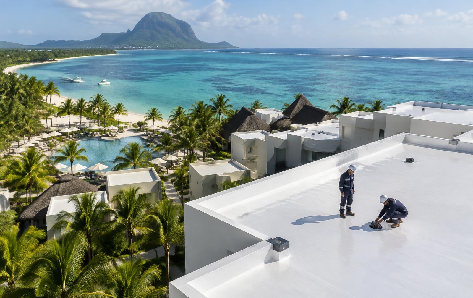 Techniciens Riteseal inspectant les évacuations de la toiture étanchée d'un hôtel en bord de mer à Maurice